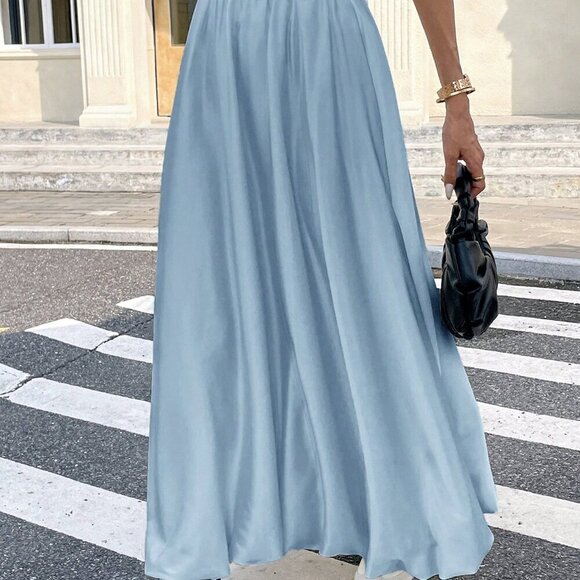 Dusty Blue Casual Women's Long Low Waist Flowy Elegant Skirt - Picture 2 of 11